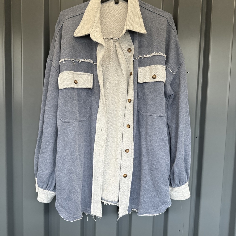POL French Terry Oversized Shacket‎ Womens Sz M Gray Raw Edge Mixed Media L/S